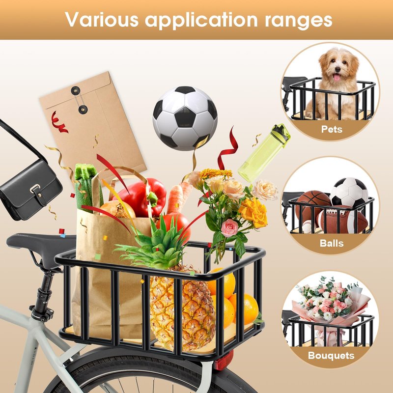 PIREKZUNT Bike Rear Basket with Waterproof Cover, Cargo Net, Wooden Base, 13.8"X11.8"X6.7" Heavy Duty Metal Ebike Rear Basket