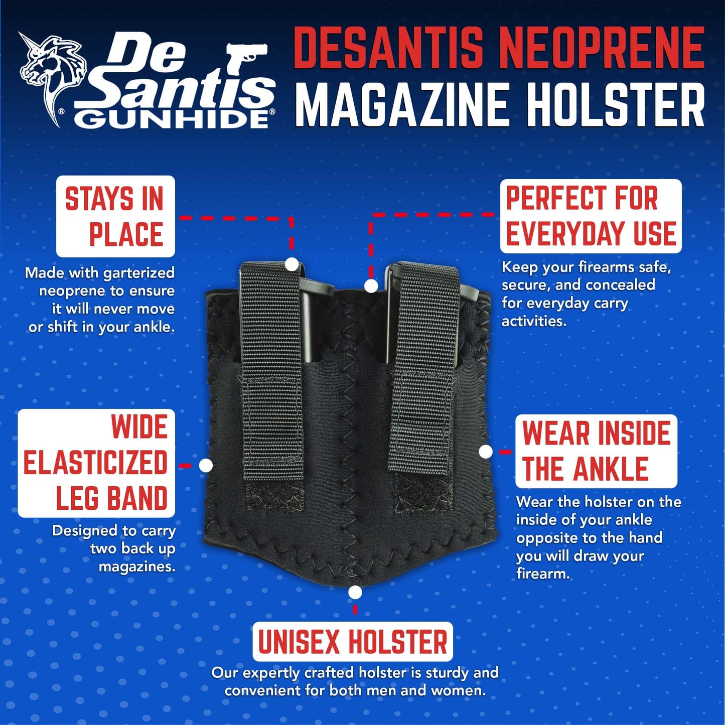 DeSantis Neoprene Ankle Double Magazine - Ankle Magazine Holster, Carrier Pouch, Magazine Holster Strap, Concealed Velcro Holster, Compatible w/Most Standard 9MM/40CAL Magazine - Ambidextrous, Black