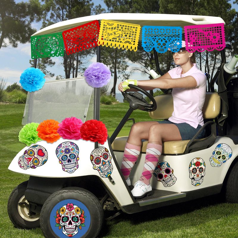 Faccito 19 Pcs Day of The Dead Golf Cart Decorations Dia De Los Muertos Car Decoration Picado Fiesta Banner Pom Poms Sugar Skull Stickers for Halloween Golf Cart Party Decor
