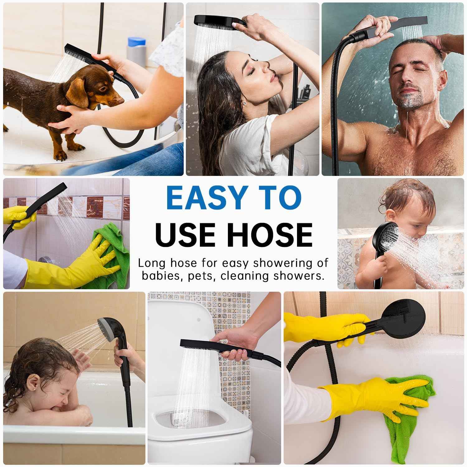 G-Promise 86 Inch Stainless Steel Long Shower Hose, Flexible and Tangle-Free, for Shower and Pet Bathing, Clean Bathroom Corners(Matte Black)