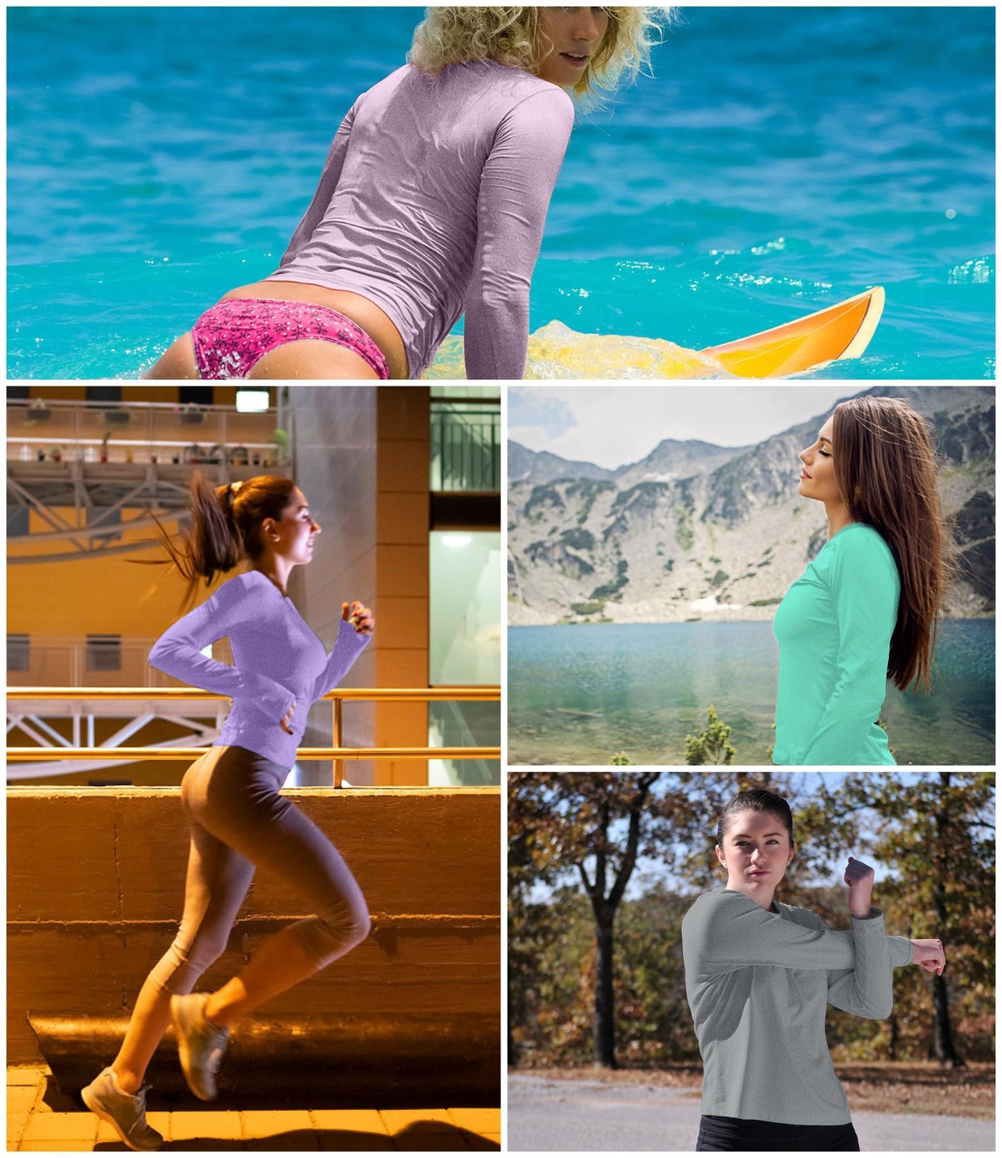 Kinglaman 6 Pack Women's Long Sleeve Workout Dry Fit Shirts, UPF 50+ Rash Guard SPF UV Sun Protection Shirts Crew Neck 1 Black 1 Gray 1 Blue 1 Purple 1 Dark Pink 1 Green Large