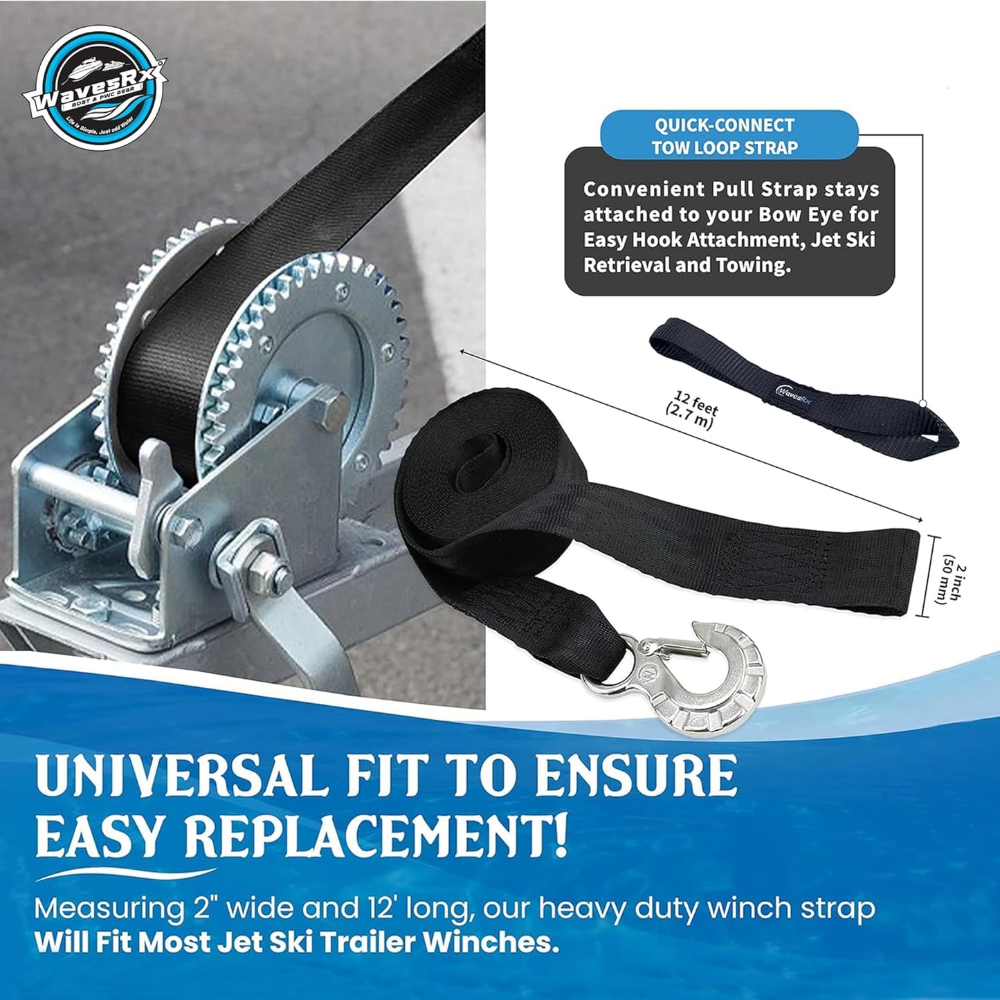 WavesRx Winch Strap Replacement for Boat & Jet Ski Trailers - Marine Grade SS 316 Alloy | Durable & Reliable