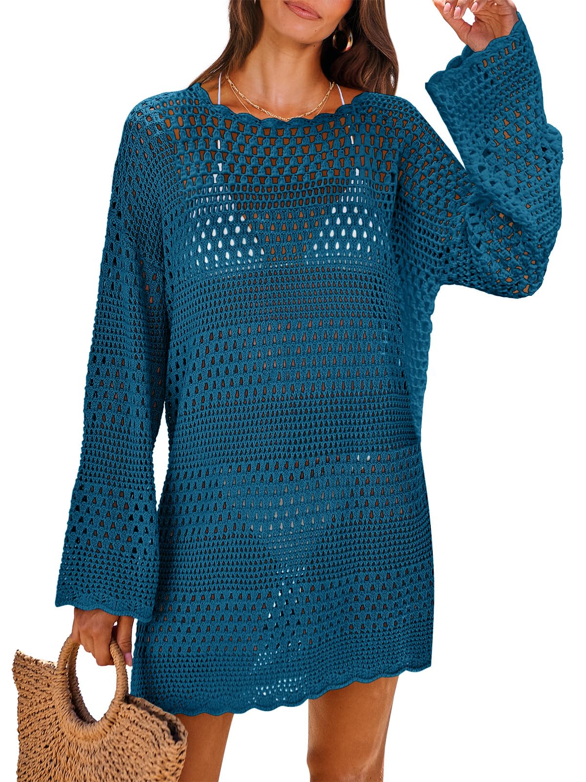 ANRABESS Women Swimsuit Crochet Swim Cover Up 2026 Summer Bathing Suit Swimwear Mesh Knit Beach Dress Vacation Outfits Cyan XX-Large