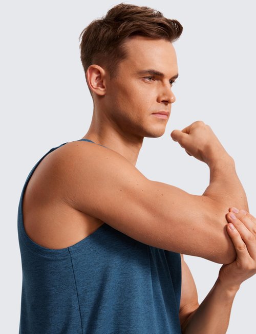 CRZ YOGA Men's Workout Sleeveless Shirt Quick Dry Stretchy Swim T-Shirts Athletic Gym Running Beach Tank Top Night Blue Heather Large