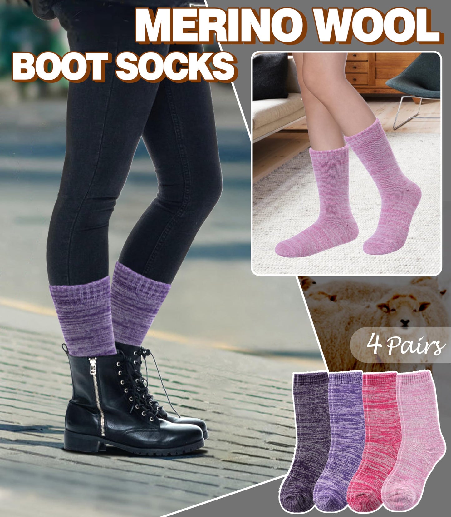 LANLEO Merino Wool Hiking Socks for Women Men Thermal Extra Thick Winter Warm Comfy Cushioning Crew Boot Socks 4 Pairs Rose Red/Pink/Dark Purple/Light Purple,Medium