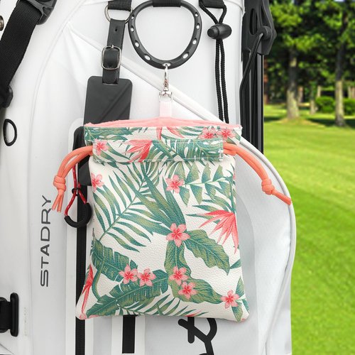 SHABIER Pu Leather Golf Pouch Bag with Drawstring Closure, Portable Golf Accessorie (Hawaiian-Style Flowers)
