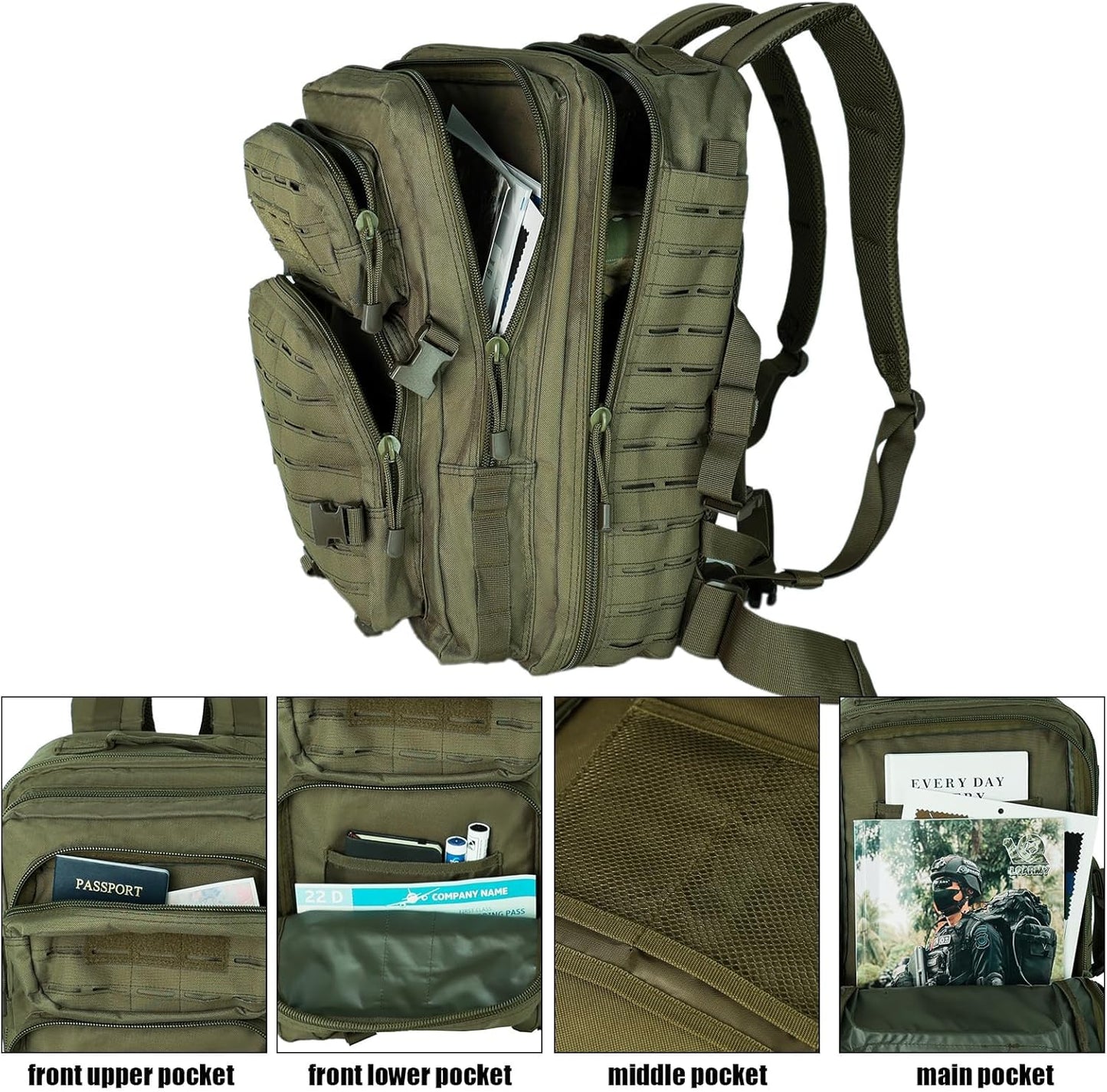 Skiennix 40L Tactical Military Backpack - Durable Assault Pack with Molle for Hiking | Green