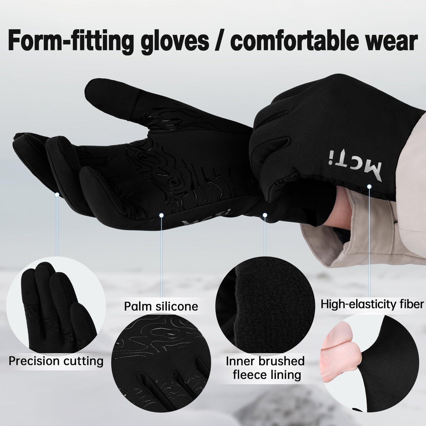MCTi Lightweight Gloves Liners for Men Women, Touch Screen Gloves with Conductive Microfiber, Palm Silicone, for Cold Weather Running Driving Hiking Black-L