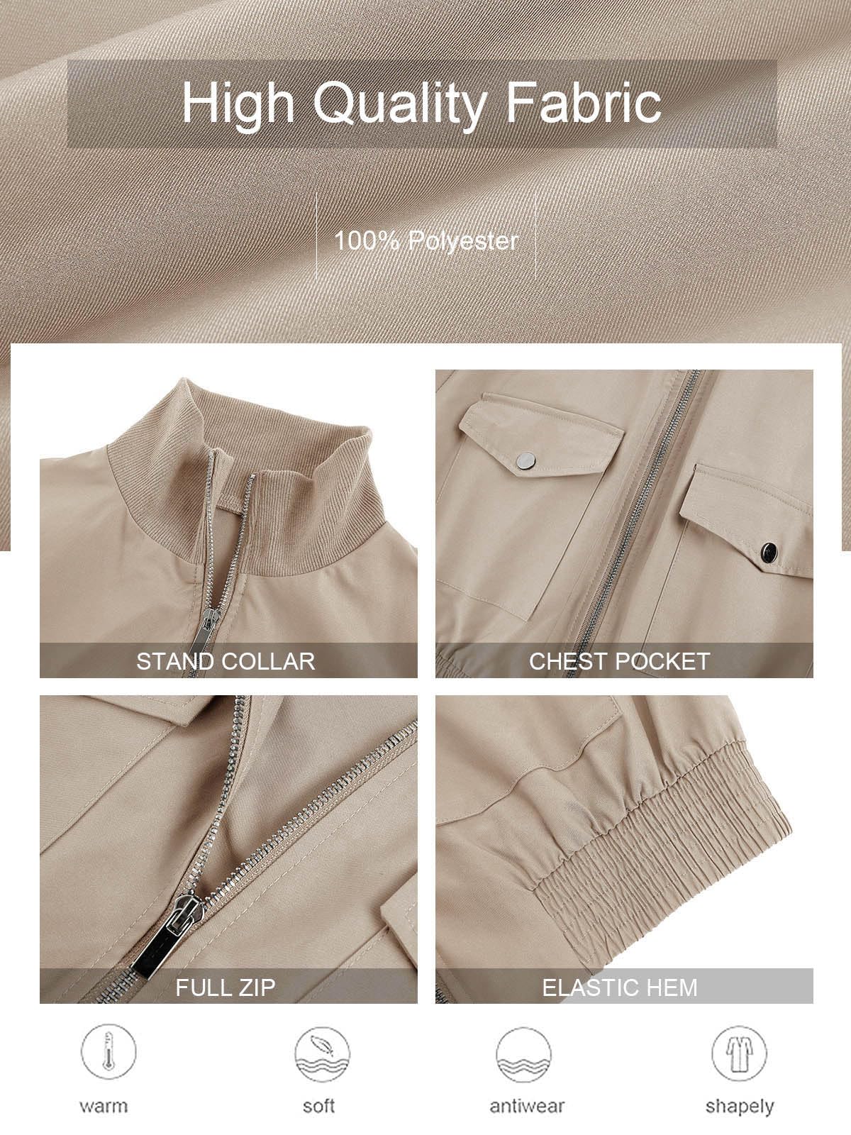 Fisoew Women's Fashion Cropped Bomber Jacket Long Sleeve Zip Up Stand Collar Jacket Coat with Pocket