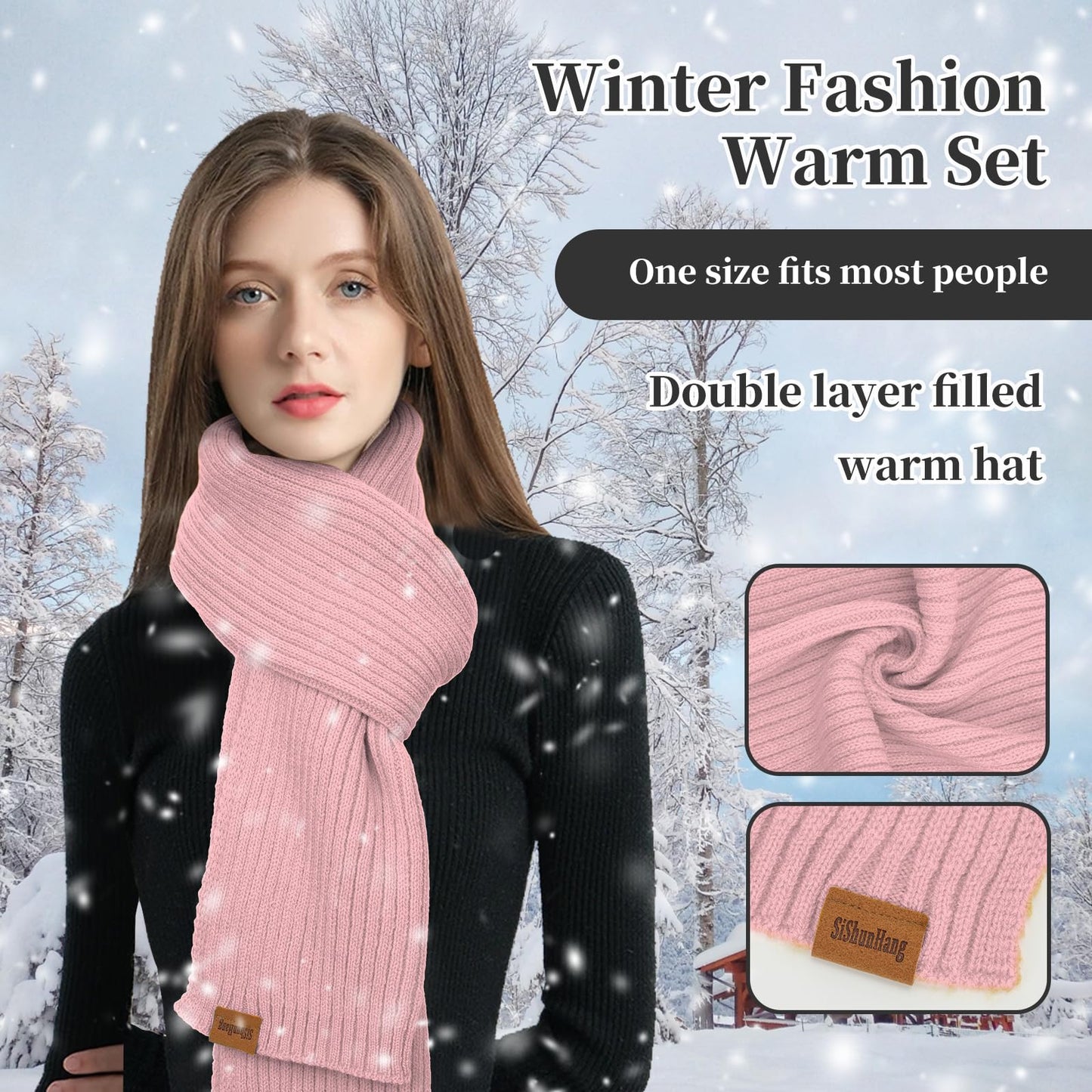 Winter Knit Beanie Hat Scarf Gloves Cold Weather Set, Warm Knit Beanie Long Scarf Touchscreen Gloves,Winter Gifts for Women (Pink, One Size)