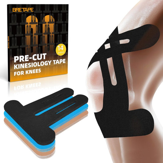 Precut Kinesiology Tape for Knees – 14 PCS Knee Tape for Pain Relief & Support, Elastic Waterproof Sports Tape, Breathable & Latex-Free, Pre Cut Athletic Tape for Workout & Injury Recovery, Black