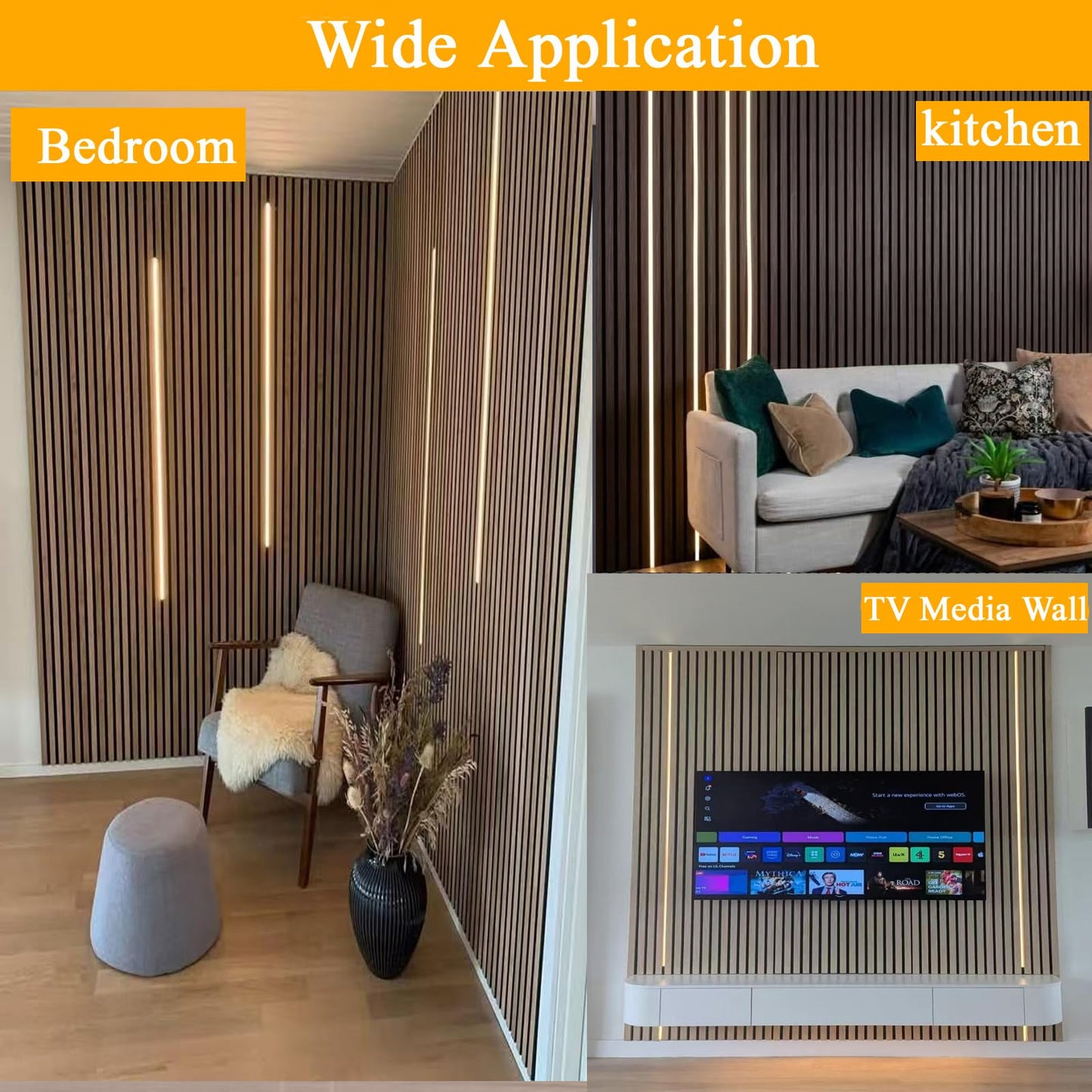 Black Wall Panels LED Lights,8PCS 3000K Self-Adhesive LED Light with Touch Switch for Wood Slat Walls,Under Cabinet Light