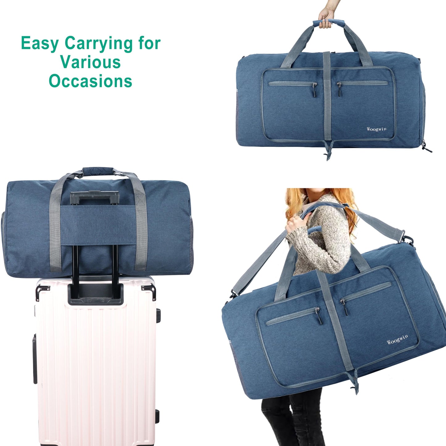 Woogwin Travel Duffel Bag Large Foldable Waterproof Overnight Bag for Beach Swim Bags Pool Sports Gym (60L SnowDarkblue)