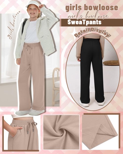 LessonZoo 3 Pack Girls Sweatpants Straight Leg Ribbed Waist Active Joggers Teens Athletic Pants with Drawstring and Pockets(Apricot, Dark Khaki, Black,Medium)