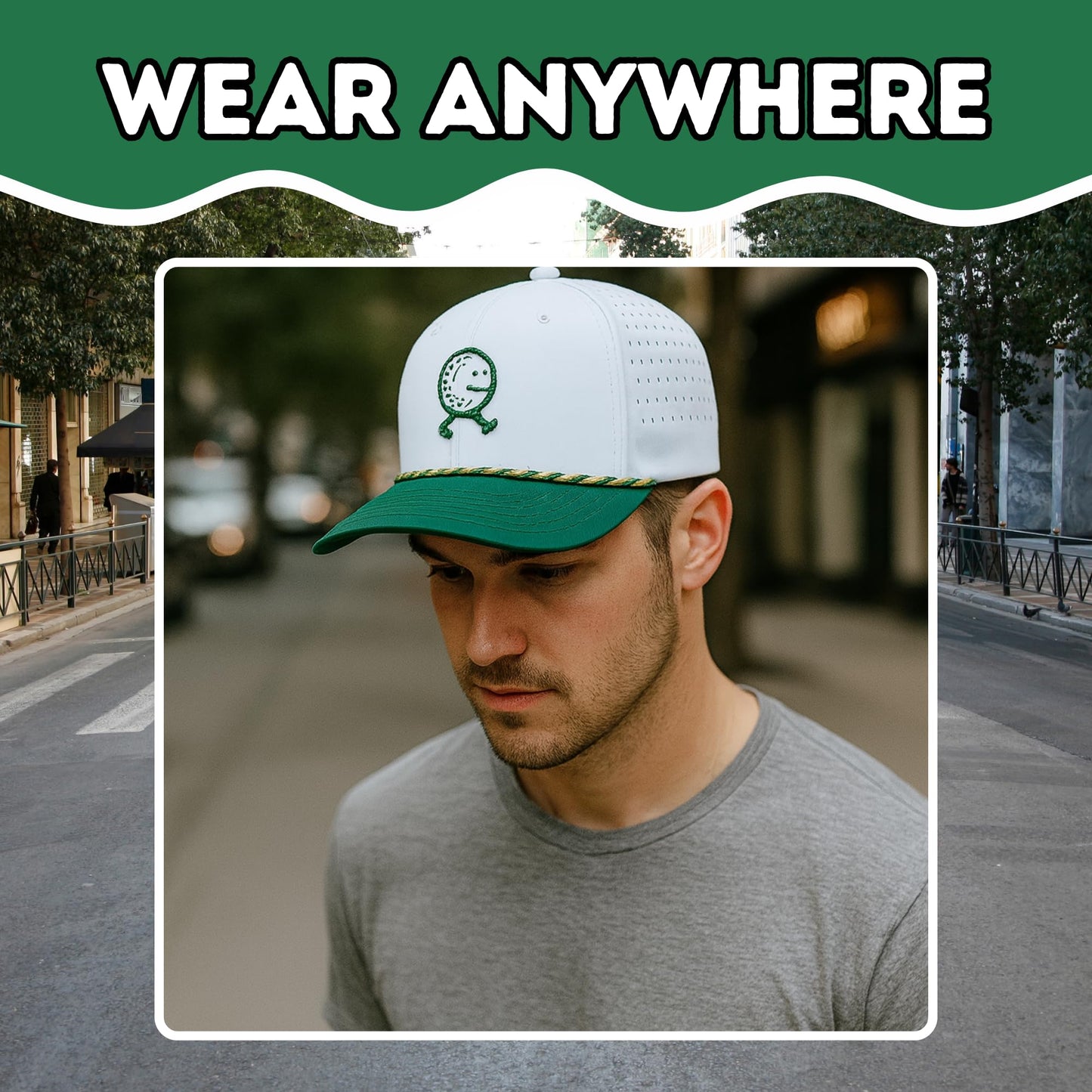 HahaHome Funny Golf Hat, Walking Golf Ball Rope Hat - Fun Golf Hat with White & Green Snapback Golf Cap - Embroidered Logo, Breathable Perforated Sides, Water Resistant Coating, Adjustable Fit