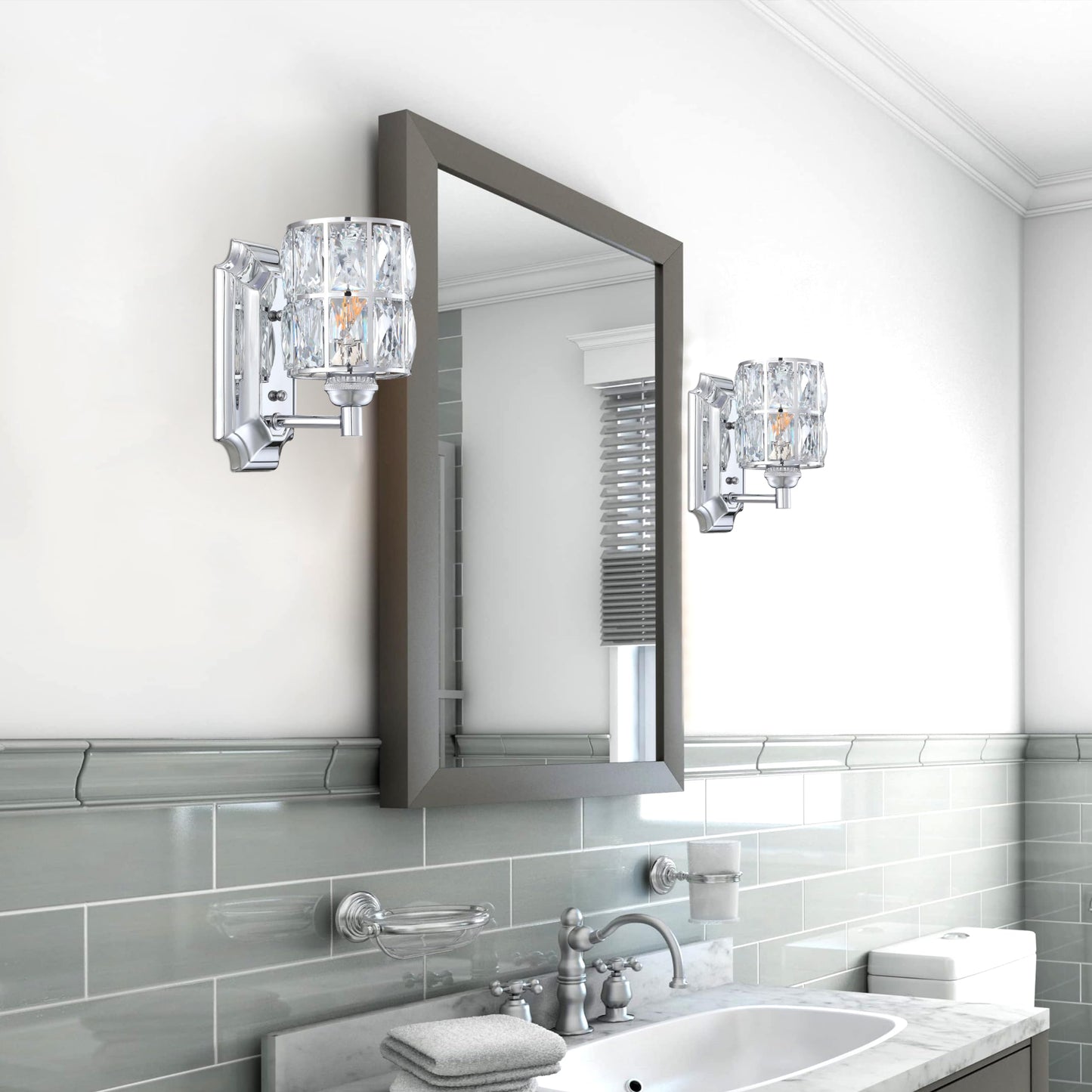 2 Pack 1 Light Crystal Wall Sconce Lighting with Chrome Finish,Modern and Concise Style Wall Light Fixture Polyhedral Crystal Shade for Bathroom, Bedroom Living Room Kitchen Island