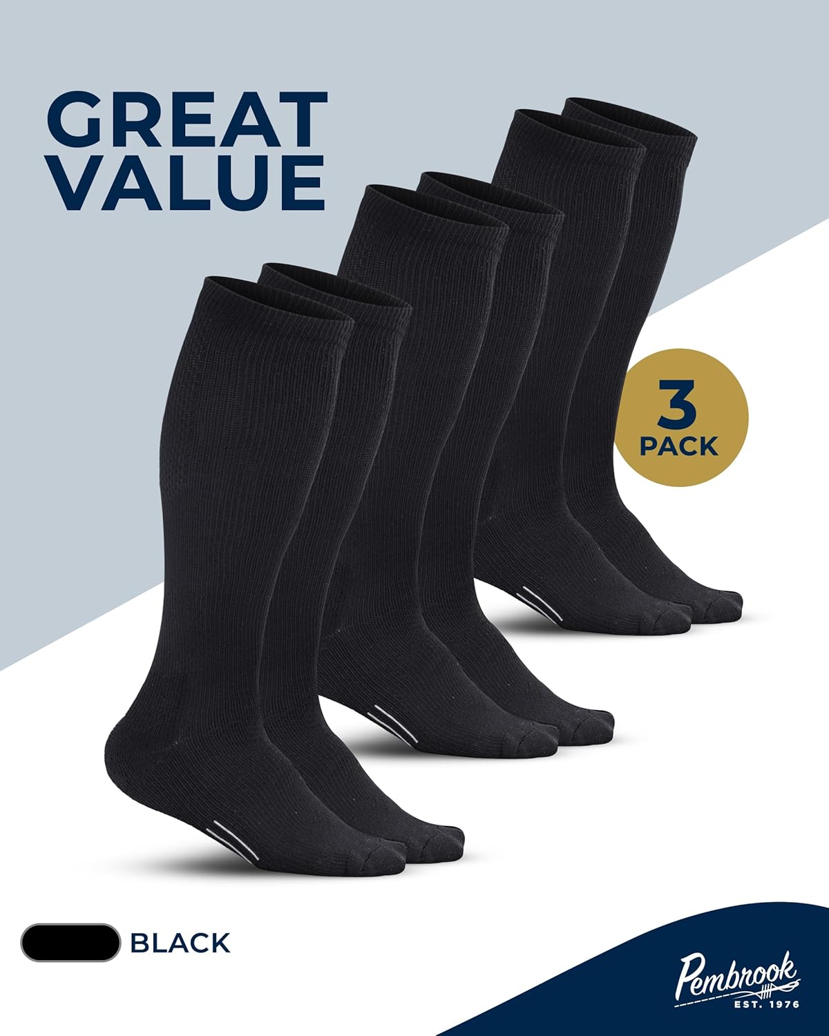 Pembrook Compression Socks - Light Support for Men & Women | 8-15 mmHg | 3 Pairs