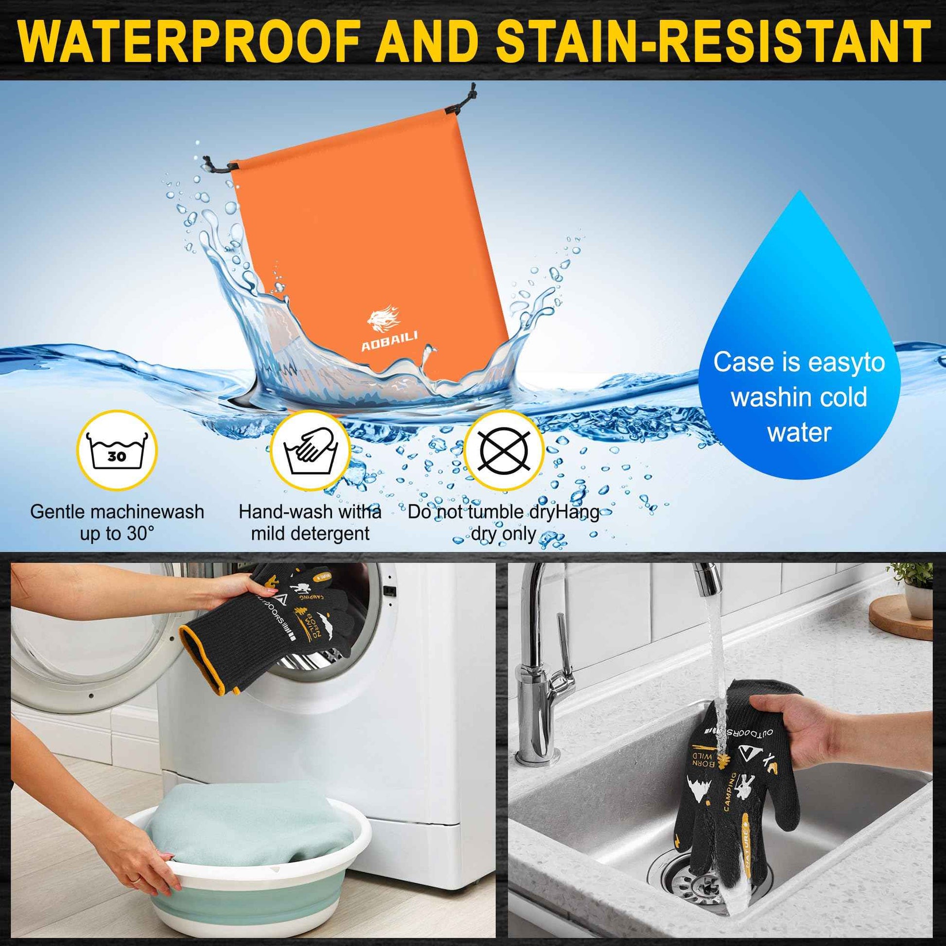 AOBAILI BBQ Gloves, Grilling Gloves Heat Resistant Oven Gloves, Kitchen Silicone Oven Mitts, Long Waterproof Non-Slip Pot Holder for Barbecue, Cooking, Baking, Black (Black)