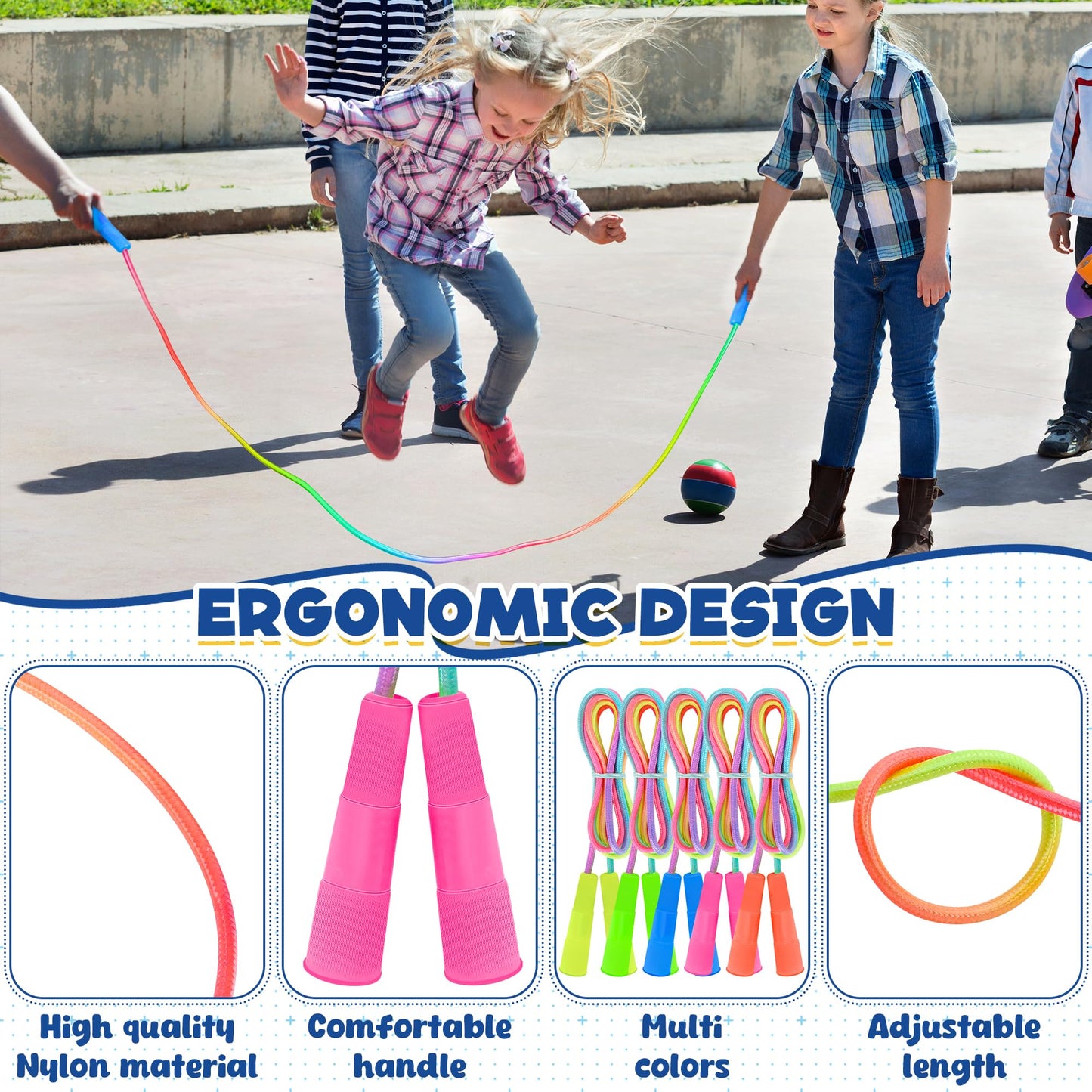 6 Pack Jump Rope for Kids, Adjustable Length Nylon Skipping Ropes for Kids