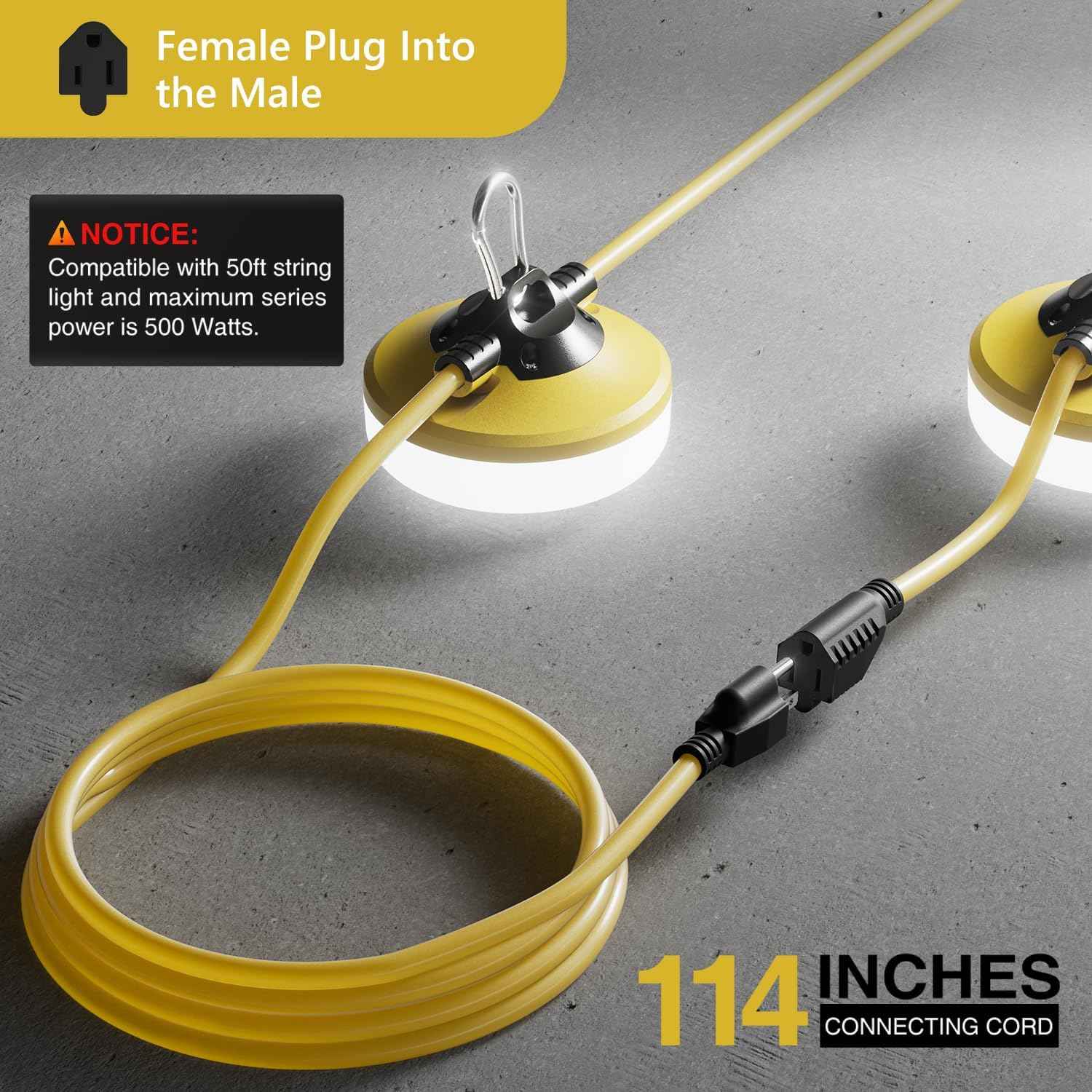 50FT LED Construction String Lights - 5000LM Daylight, IP65 Waterproof, 50W Temporary Work Lighting for Indoor/Outdoor Use