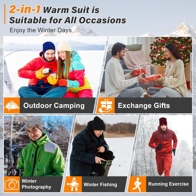 Mens Winter Beanie Hats Scarf Set Warm Knit Skull Cap Neck Warmer with Fleece Lined Winter Hat for Women Pure Black
