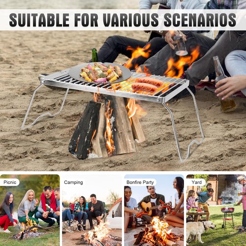 ZORMY 13" Folding Campfire Grill, 304 Stainless Steel Firepit Grill Grate, Heavy Duty Portable Camping Grill with Carrying Bag, Gas BBQ Grill Grate for Backpacking, Hiking, Picnics (Medium)