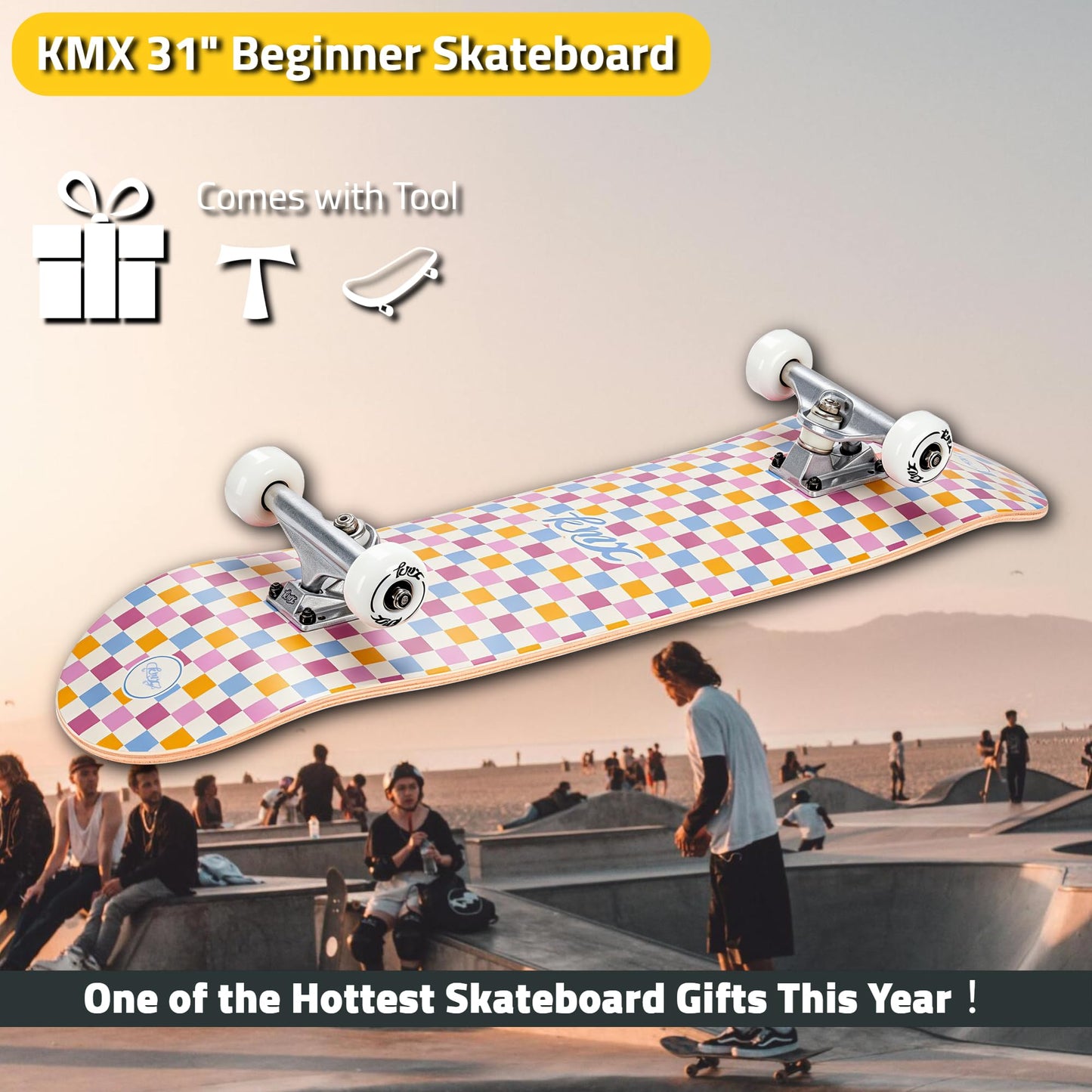 KMX Complete 31" x 8" Skateboard for Beginners, 7-Layer Canadian Maple Double Kick Concave Deck| Aluminum Alloy Trucks | 31 Inch Pro Skate Board for Girls, Kids, Teens, Adults(Pink Checker)