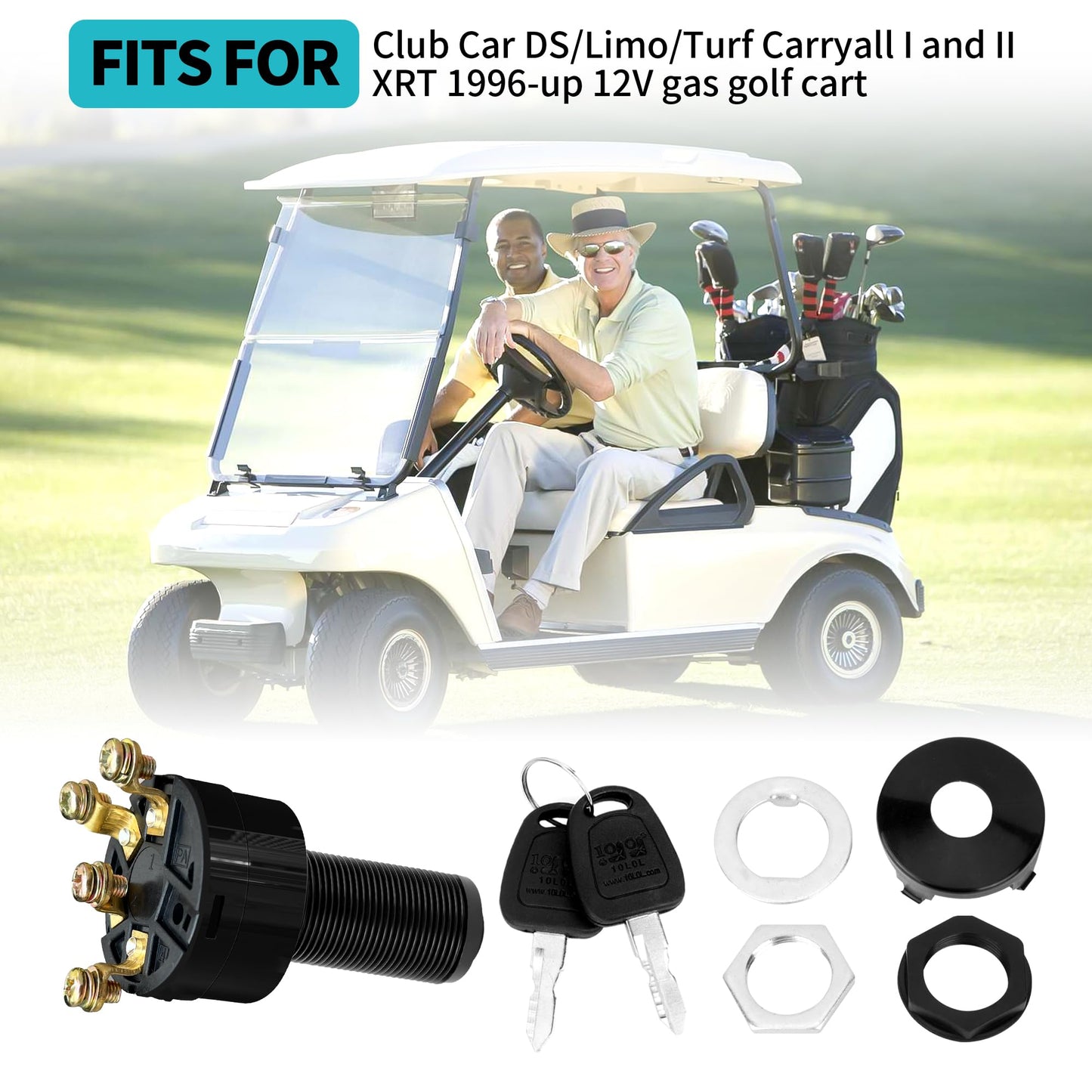 10L0L 12V Ignition Key Switch for Club Car DS 1996-up Gas Golf Cart, Fits Limo Turf Carryall 1 & 2 XRT, Replaces OEM# 101826301 1012505