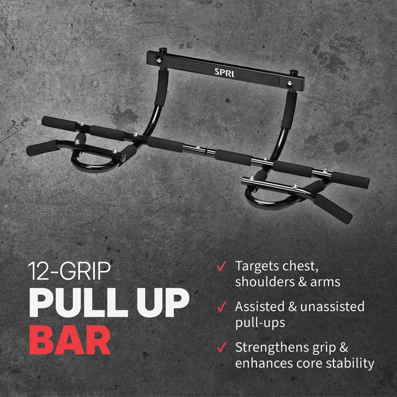 SPRI Pull Up Bar - 12-Grip Door Mounting Pull-Up Bar for Versatile Workouts - Rugged Steel with Foam Handles - Supports 300 Pounds - Fits Door Frames Up to 32 in. Wide - Black