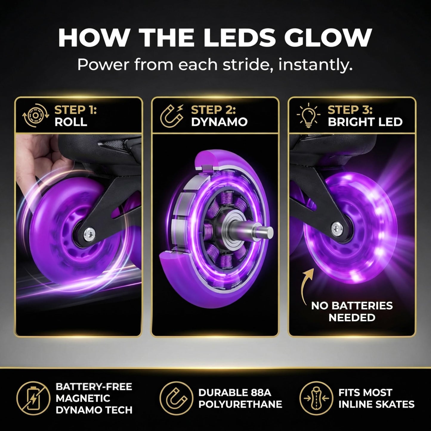 Flying Eagle LazerWheelz - Light Up Inline Skate Wheels Indoor or Outdoor Use, 80mm 8 Pack of Purple 88A Hardness LED Lights for Roller Skate Wheels Replacement, Adult Inline Accessories