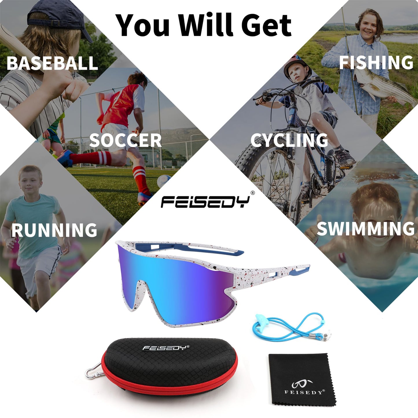 FEISEDY Unisex Youth Sunglasses, Teens Baseball Tennis Sunglasses, UV400 Sports Boys Girls Cycling Shades B4064