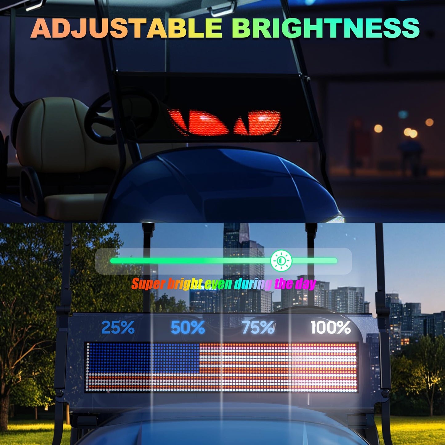 10L0L Golf Cart Devil Eyes Light Sign, 23x5in Programmable Flexible LED Screen for Windshield with App & Remote Control, High-Brightness Animated Scrolling Electra Eyes for Yamaha/EZGO/Club Car 1981-up