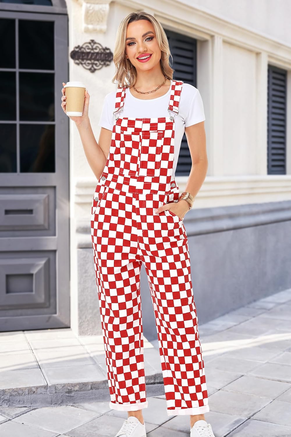 Skiennix Women's Checkered Denim Overalls - Stretchy Cotton Jumpsuit for Comfort & Style