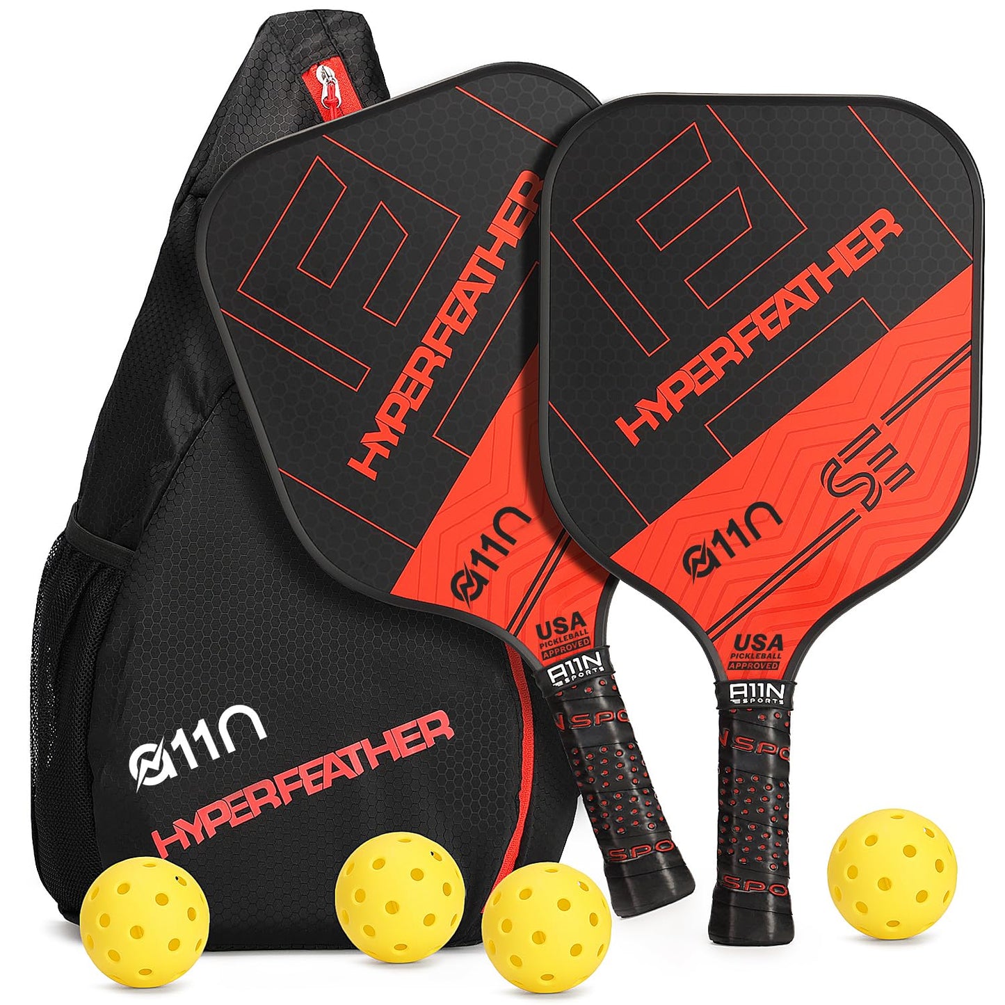 A11N Pickleball Paddles Set of 2 - USAPA Approved | 8OZ, Graphite Face & Polymer Core, Cushion Grip | 4 Balls, 1 Sling Bag, Red