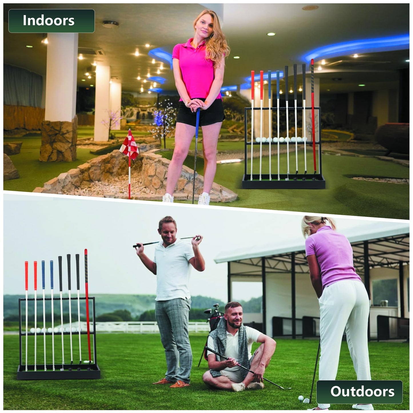 Xnwouco Golf Putter Stand, Golf Club Holder Stand Floor Display Rack - Holds 8 Clubs & 12 Balls with Artificial Grass Base, Wood Outdoor Golf Club Organizer for Indoor, Home, Office, Golf Club, Black