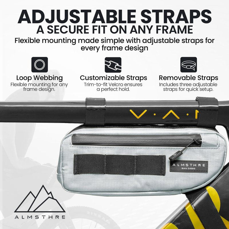 ALMSTHRE Compact Bike Frame Bag – Sterling Silver | Weather-Resistant, Waterproof Zippers & Dual-Sided Access for Road, MTB, and Ebike Frames