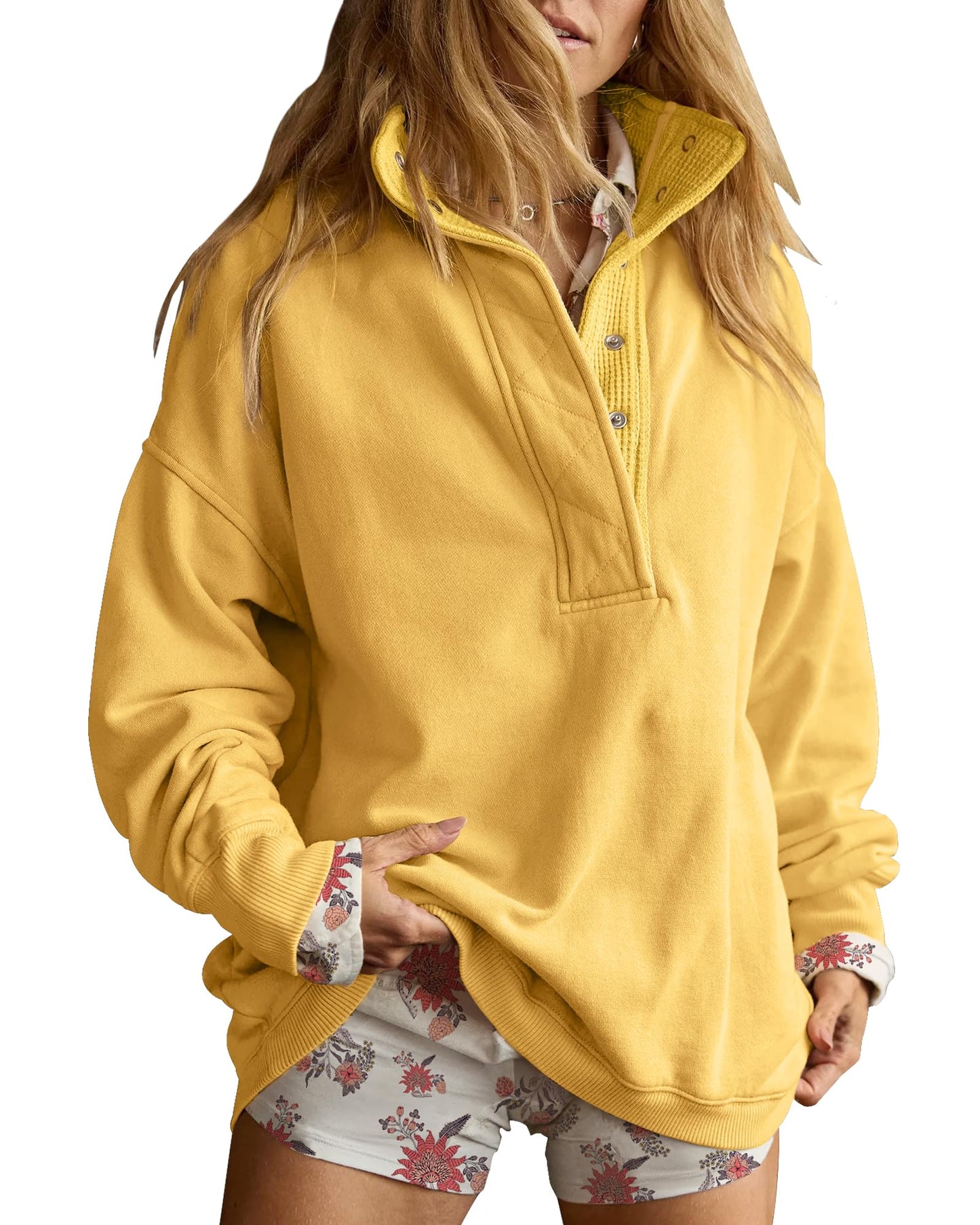 Gacaky Sweatshirt for Women Oversized Casual Long Sleeve Button Henley Neck Pullover Tops Fashion Outfits Clothes Canary Yellow S