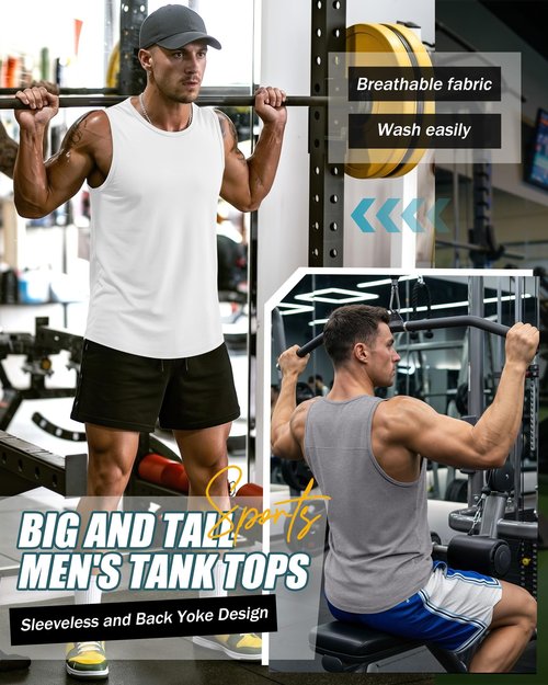 Evervibe 3 Pack Cotton Big and Tall Men's Tank Tops Plus Size Workout Sleeveless Tee Shirts Crew Neck Muscle Shirts L-5XL(Black, White, Light Grey,4X-Large)