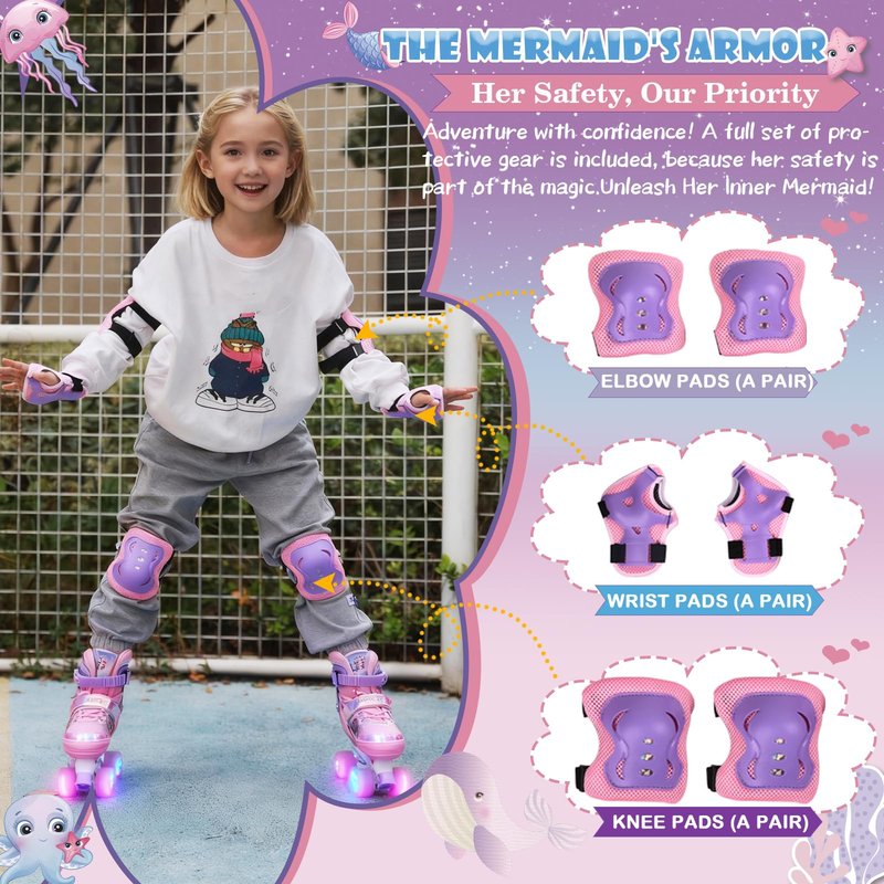 Adjustable Mermaid Roller Skates for Kids Girls with LED Light Up Wheels | Indoor Outdoor Skates for Kids Beginners | Protective Gear Set Included | Birthday Gift (Purple Pink)