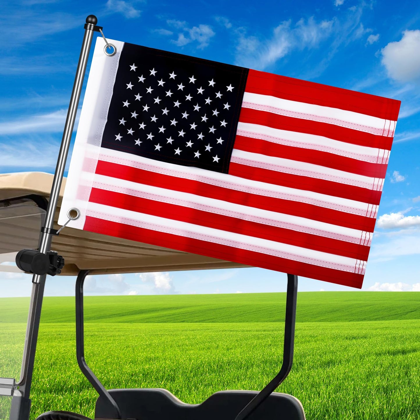 Cartalia Golf Cart Adjustable Flag Holder 2Pcs, Universal Flagpole for EZGO Club Car Yamaha, Flag Bracket for 0.59-1.18" Round/Oval Square Rails Push Cart, UTV, ATV, Included USA Flags (12"×18")