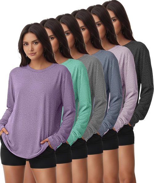 Kinglaman Women's Long Sleeve Workout Shirts - UPF 50+ UV Protection Dry Fit Tees | 6 Pack