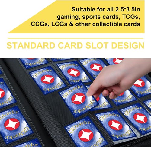 GEAoffice 16 Pocket Trading Card Binder - Ringless Side-Loading Design with Zipper Closure | PU Leather for 1000+ Cards - Yellow