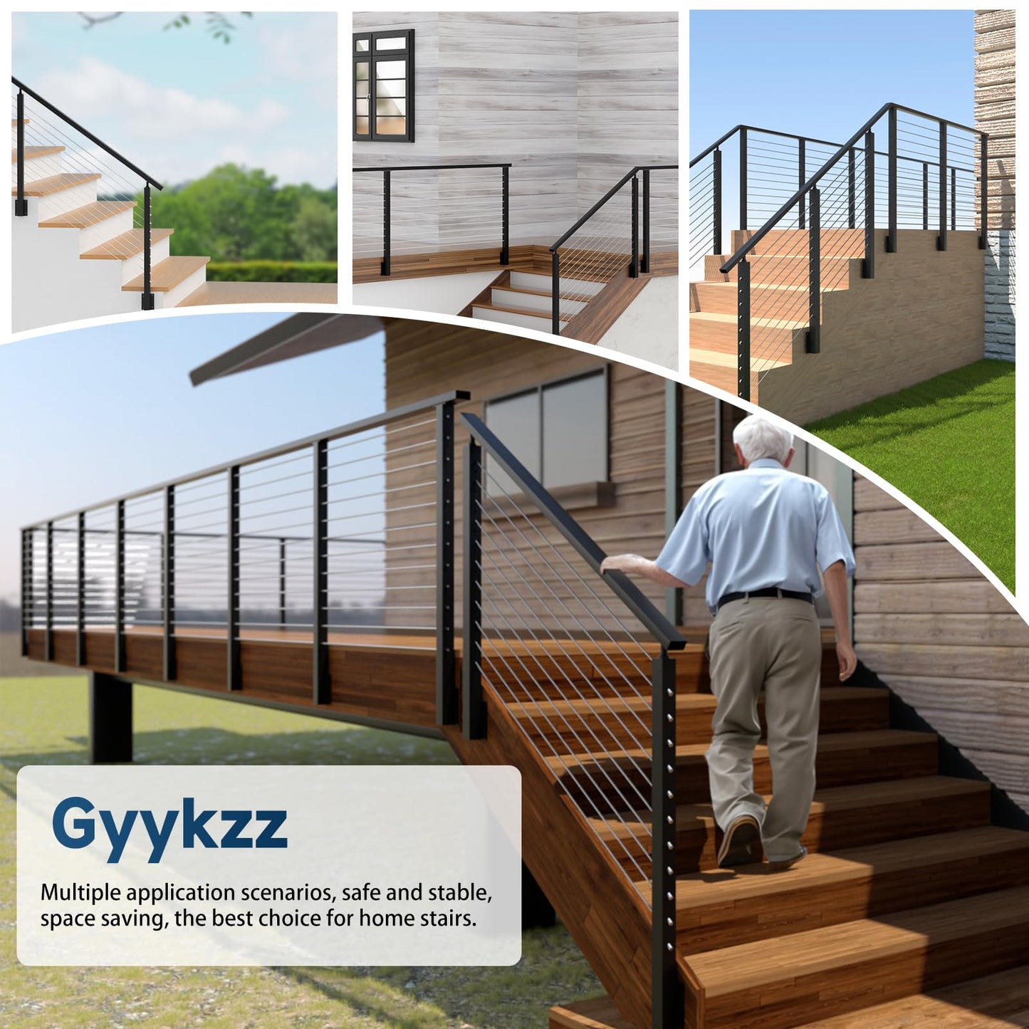 Gyykzz 42" Side Mount Stair Cable Railing Post for 36"-38" Stair Railing, Left Side Space-Saving 33° Drill Stair Handrail Deck Post for Cable Railing System Kit Indoor Outdoor Wood Concrete