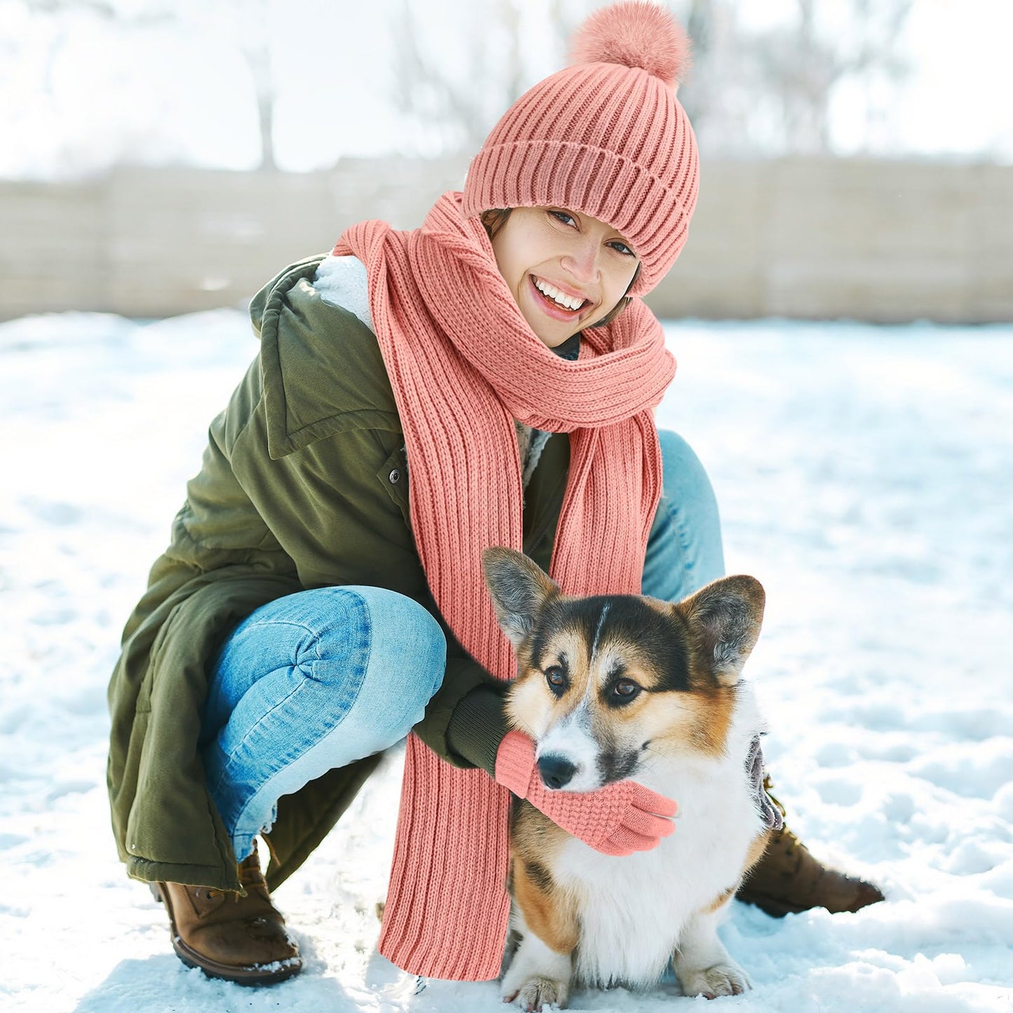 Geyoga 3 Pcs Winter Beanie Hat Scarf Gloves Set Warm Winter Knit Hats with Pom Long Scarf Touchscreen Gloves for Women Men(Pink)