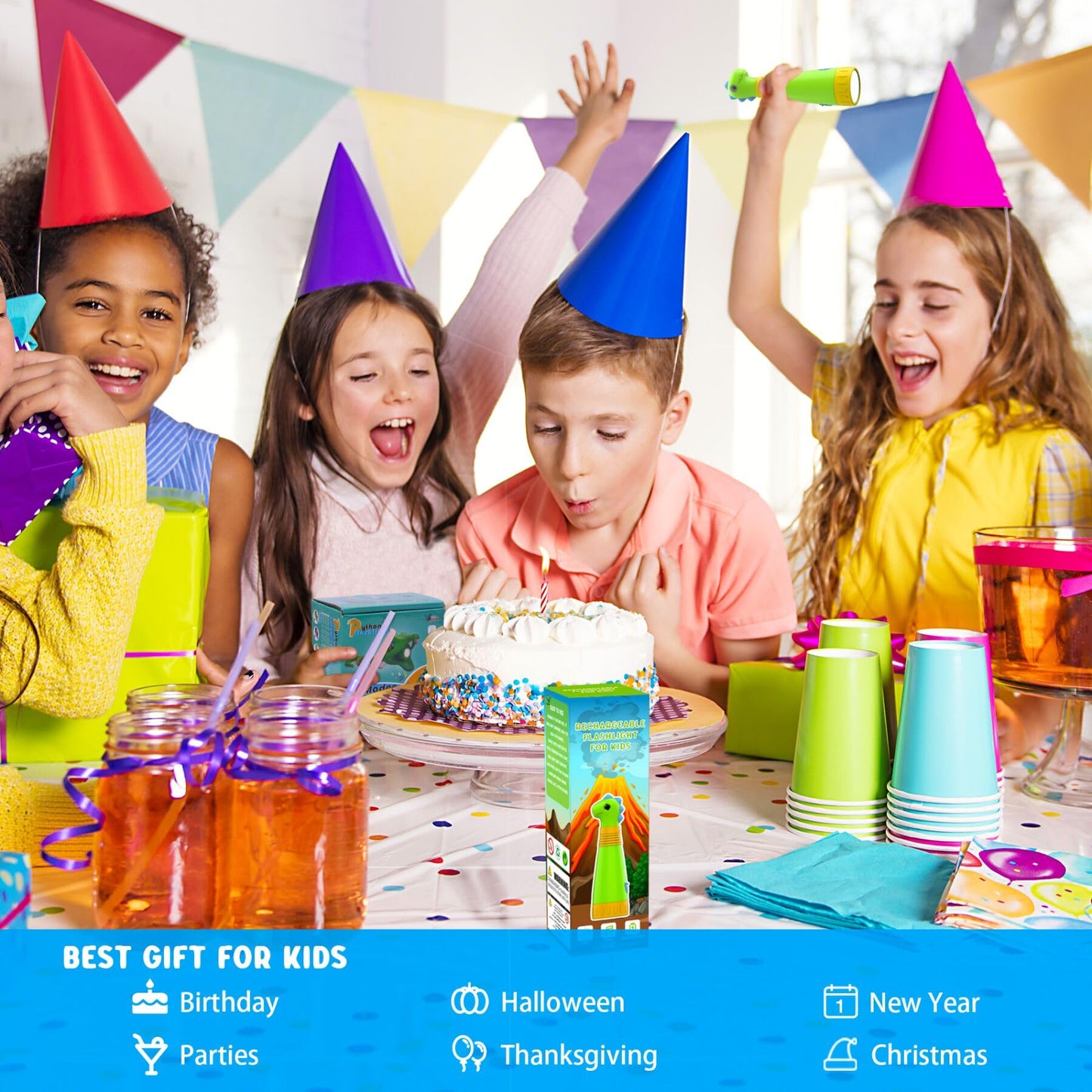 COSOOS Rechargeable Dinosaur Flashlight for Kids, Roar Mode, Kids Flashlight, Outdoor Camping Gear Accessories, Birthday Gift Halloween Lights for Kids Boys Girls