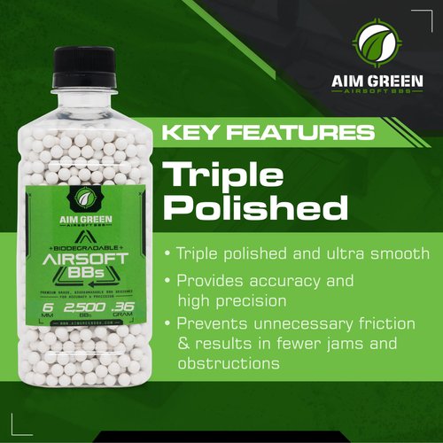 Aim Green Biodegradable Airsoft BBS, Premium-Grade 6mm Airsoft BBS, 36g, 2,500 Count