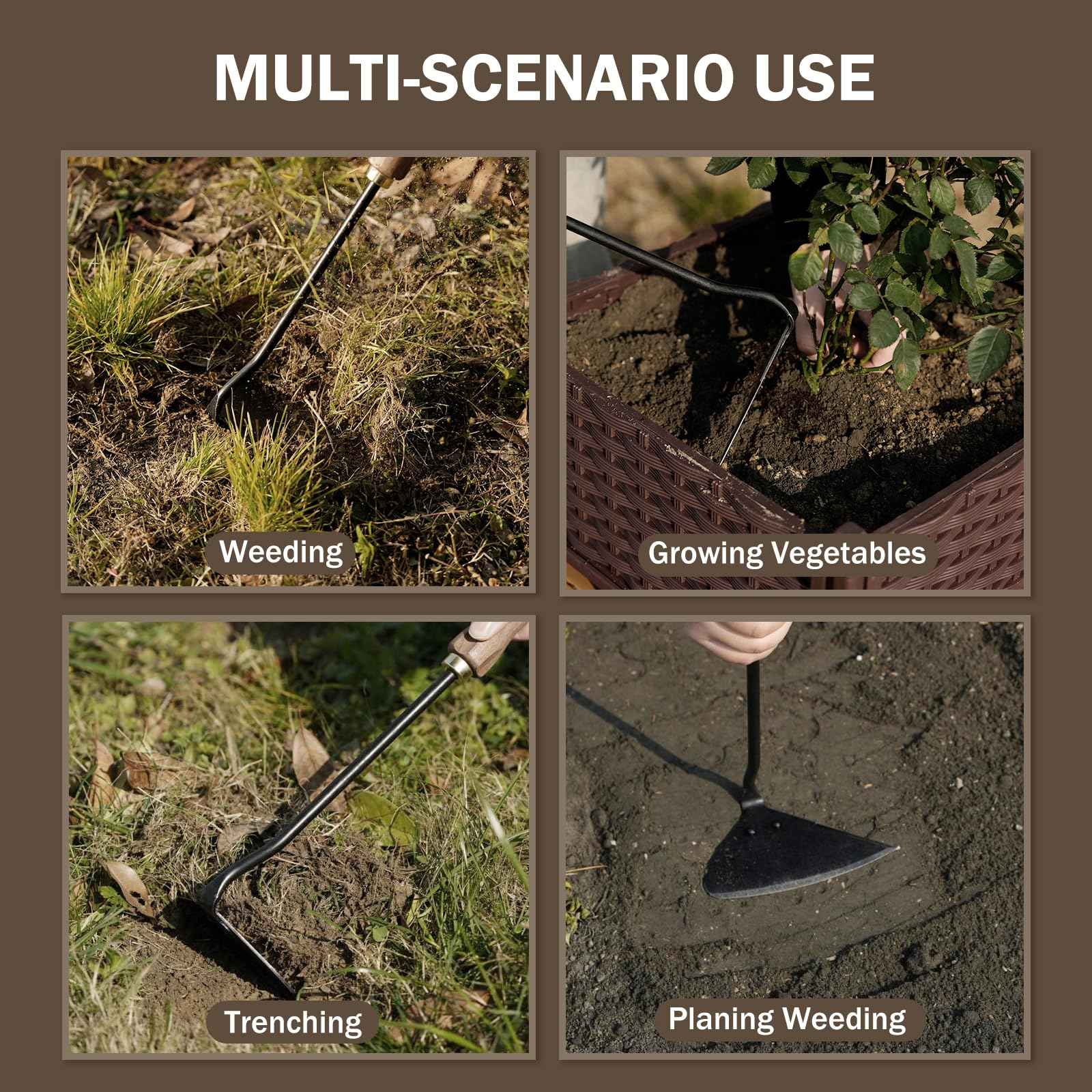 ROYTOA Triangle Hand Hoe, Heavy Duty Stainless Steel Weed Puller and Weed Remover Gardening Tool with Walnut Handle for Weeding, Soil Loosening and Cultivating