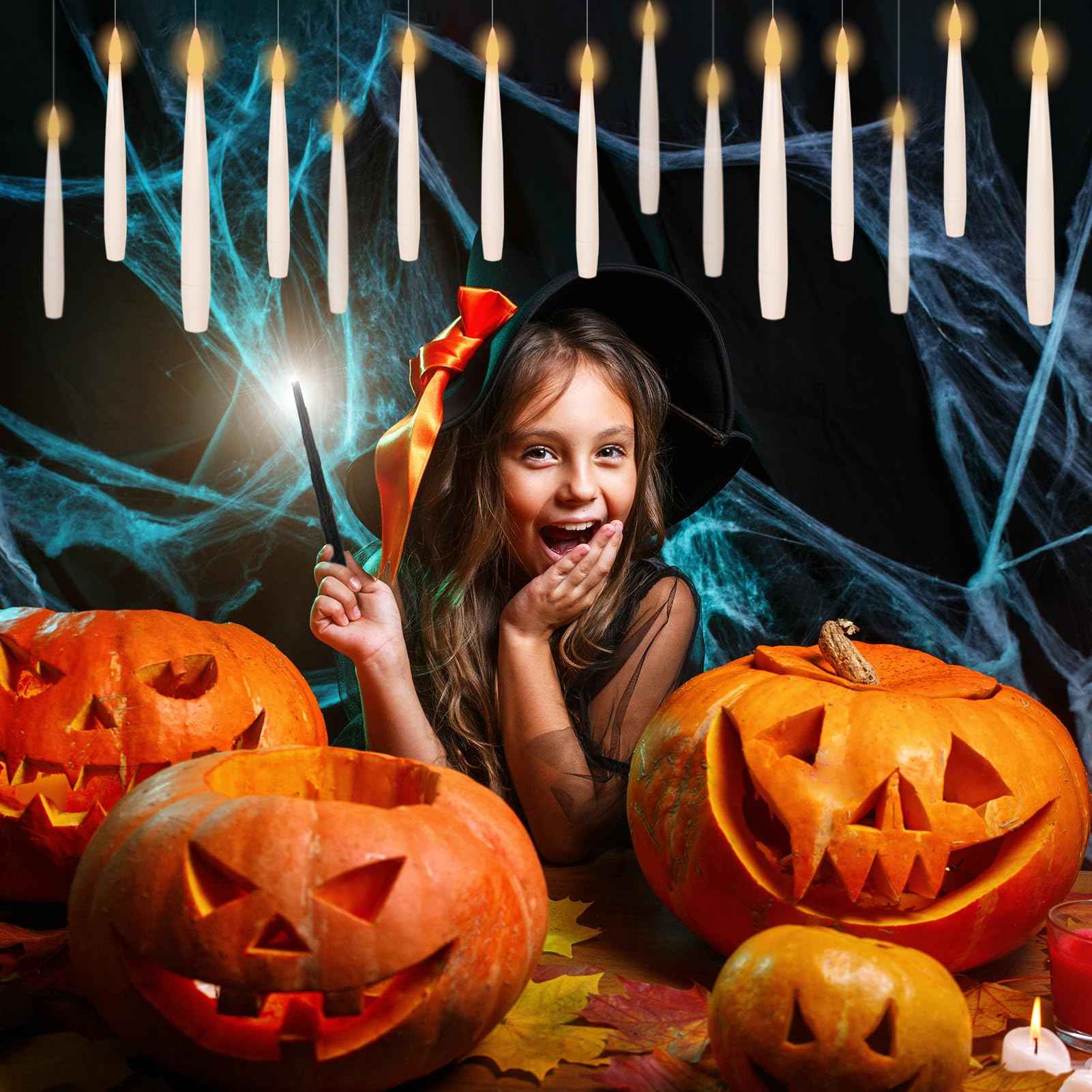 DRomance 22pcs Floating Flameless Candles with Wand Remote and Timer, Battery Operated Magic Hanging LED Flickering Window Taper Candles Warm Light Halloween Lights Decoration(0.45" x 6.1")