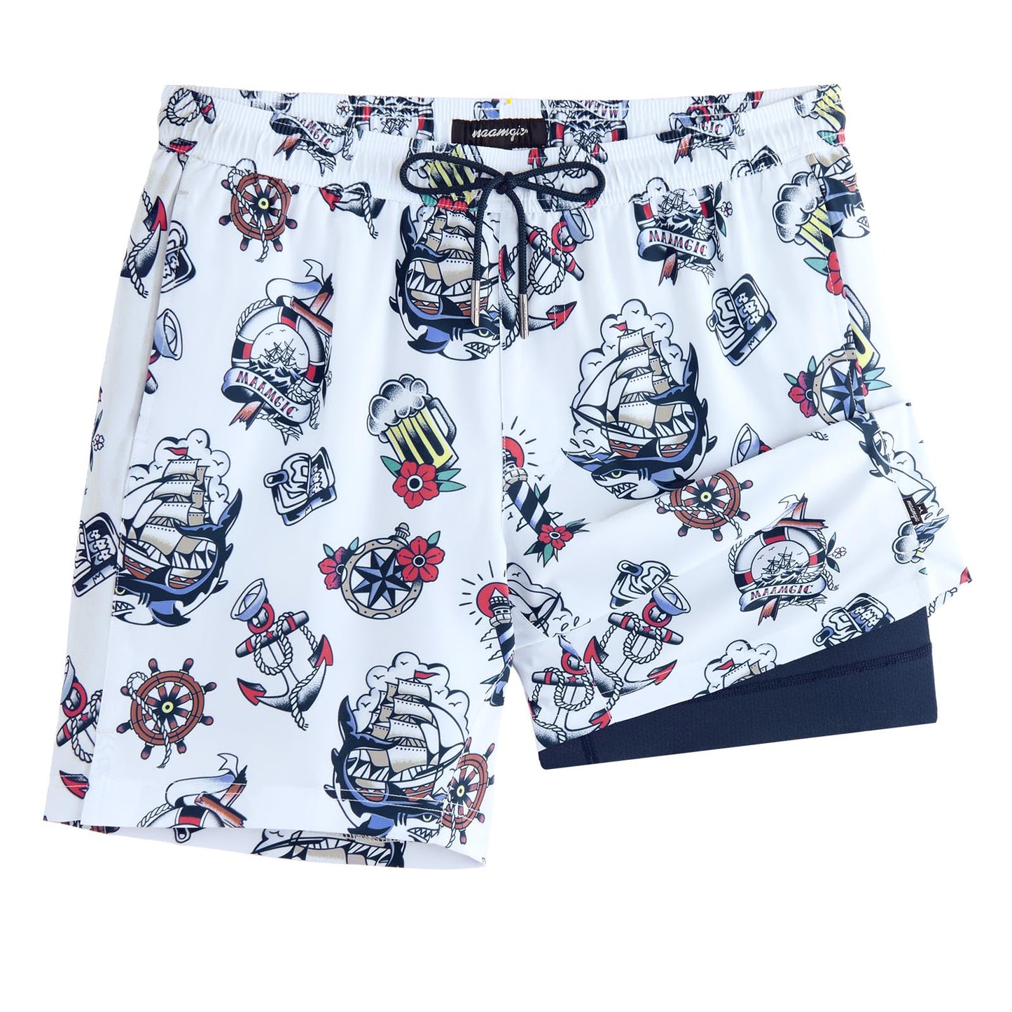 maamgic Mens Swim Trunks with Compression Liner 7 Inch Inseam Mens Bathing Suit Quick Dry Swimming Trunks Swimsuit Sailing Blue White X-Large