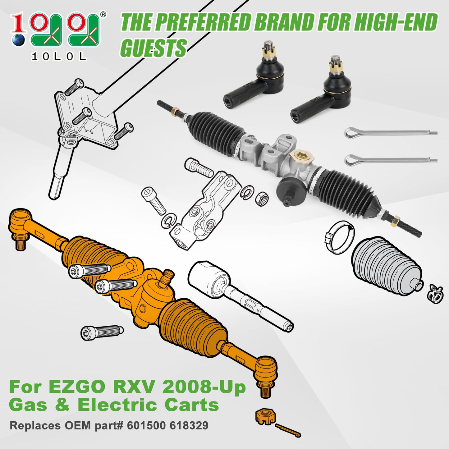 10L0L Golf Cart Steering Gear Box Assembly Replaces Part OEM# 601500 618329 for EZGO RXV 2008-Up Gas and Electric Carts Whit 2 Pcs Tie Rod Ends, Steering Rack Gear Box Assembly